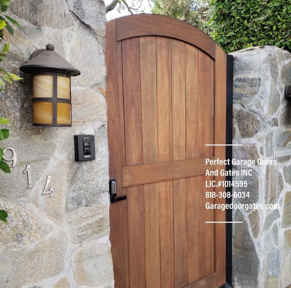 Vertical Wood Pedestrian Gate with Wood Overlay Framing and Keypad Lock