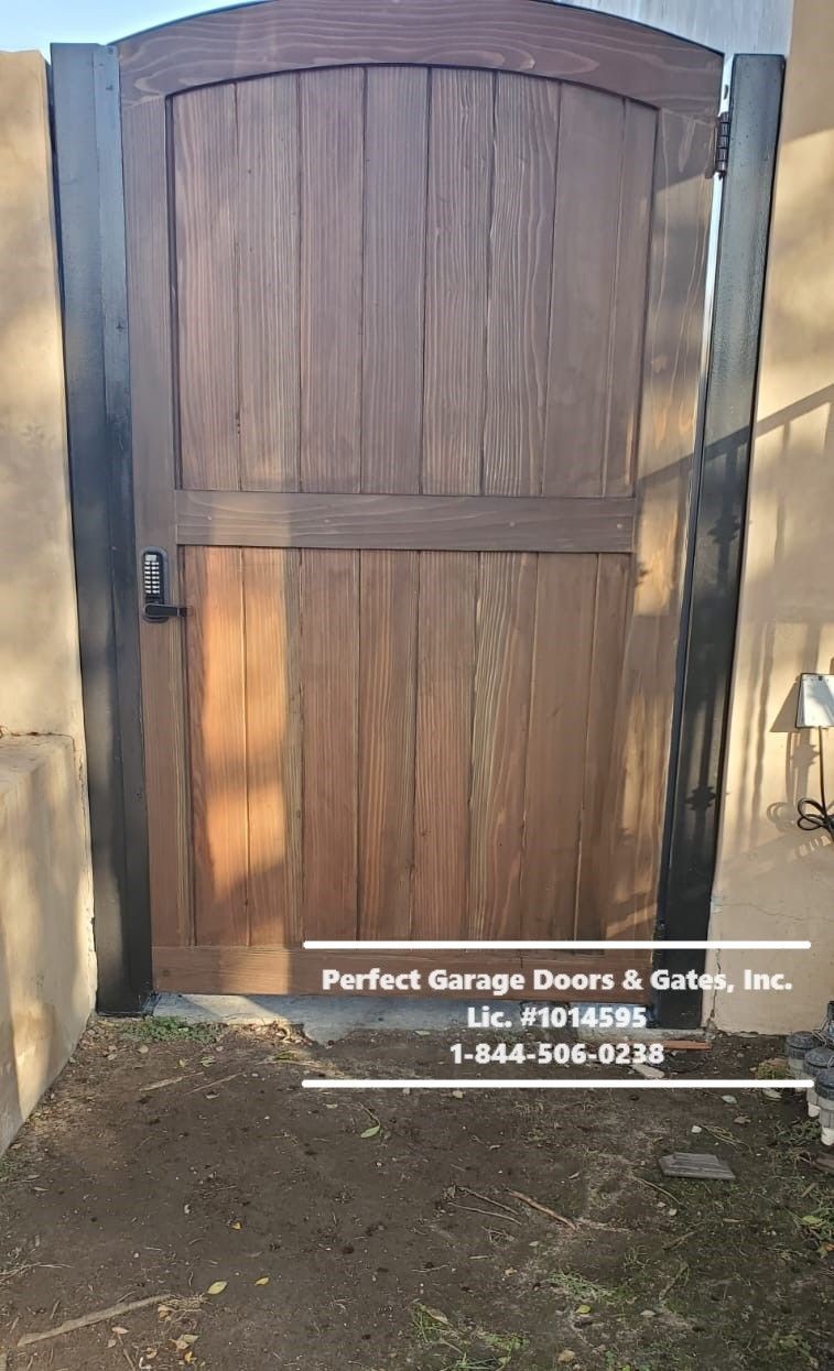 Custom Stained Vertical Wood Side Gate with Arch and Overlay Frame