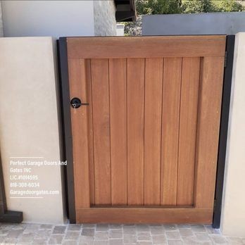 Custom Stained Vertical Wood Pedestrian Gate with Wood Overlay Frame