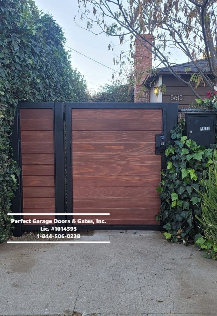 Custom Stained Horizontal Wood Pedestrian Gate with Iron Frame and Fence Panel