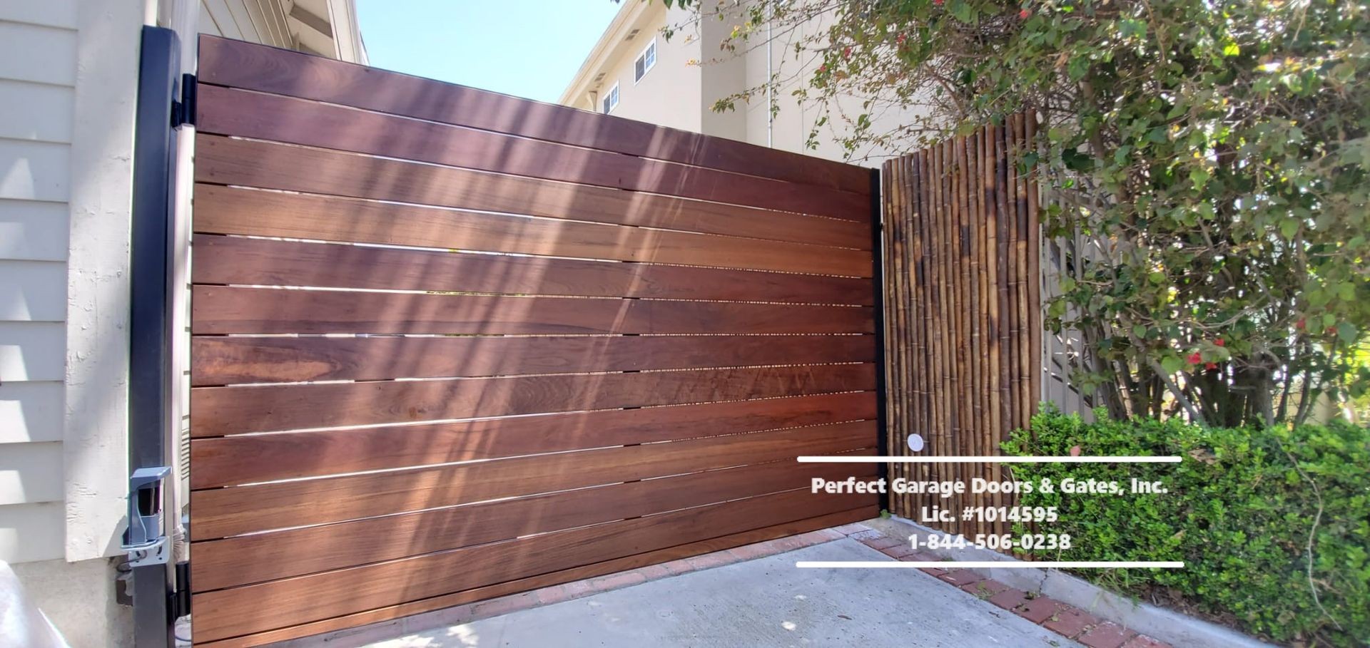 Custom Stained Horizontal Wood Swing Driveway Gate