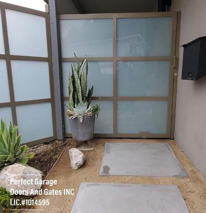 Custom White Laminate Glass Sliding Side Gate with Iron Sectioned Framing