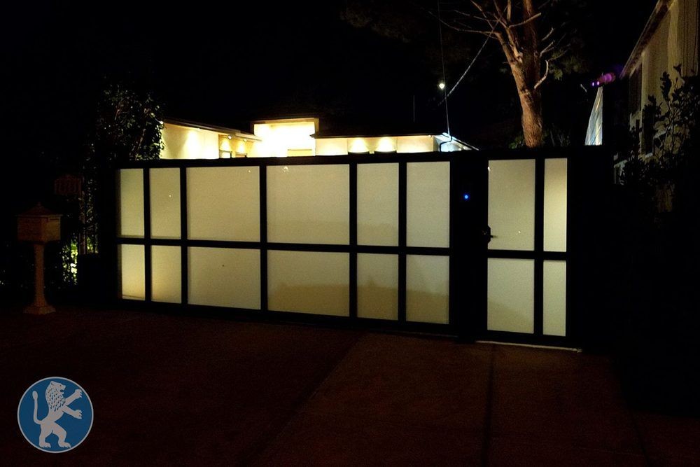 Custom Shoji Inspired White Laminated Glass Sliding Driveway Gate with Pedestrian Gate