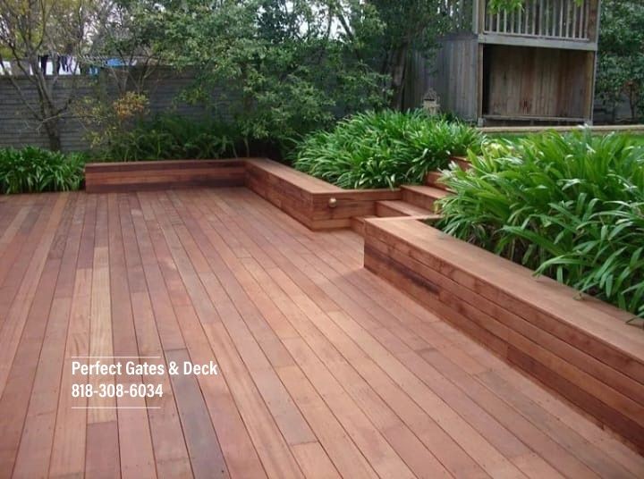 Custom Backyard Wood Decking with Bench and Stairs