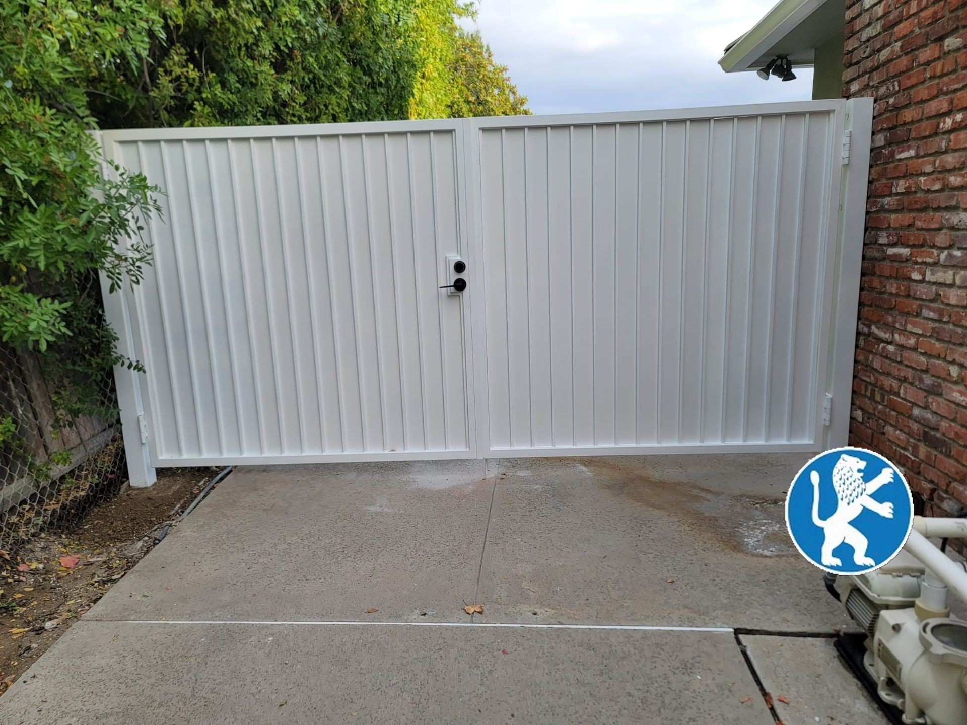 Custom Vertical Iron Double Swing Driveway Gate with Sheet Metal